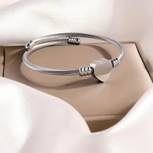 1pc Stainless Steel Elegant Bracelet, Open Heart Shaped Charm Steel Wire Bangle, For Couple And Valentine's Day