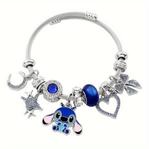 Charming Stitch Cartoon Anime Silvery Bracelet - Cute Zinc Alloy with Rhinestone Accents, Perfect for Casual Attire & Gifting