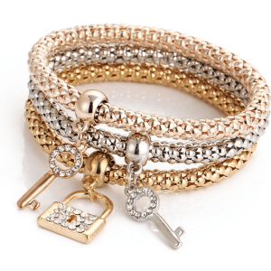 3 Pcs Stackable Bracelet Set With Lock & Key Shape Pendant Stretch Bracelet For Women Jewelry