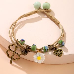 1pc Girl's Layered Rope Bracelet, Heart & Daisy Etc Pendant Lovely Hand Chain Hand Accessories For Girls