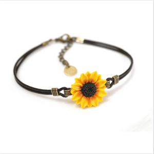 1pc Cute Vintage Sunflower Resin Bracelet for Men and Women - Leather Rope Student's Bracelet with Daisy Design