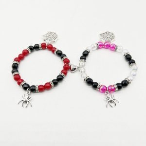 2pcs Halloween Couple Bracelets, Red And Black Beaded Bracelets, Spider Pendants, Holiday Gifts