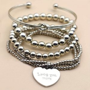 4pcs Women's Stainless Steel Beaded Bracelet Set with Love Heart Charm - Versatile Jhumka Style Vacation Jewelry for Daily Wear & Parties, Ramadan Friendly