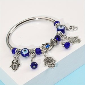 Evil Eye Hamsa Hand Charm Bracelet for Women - Metal Crystal Beaded Bangle with Blue Eye and Palm Charms - European Fashion Jewelry Accessory