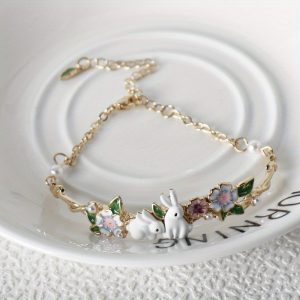 1Pc Exquisite Bunny Flower Oil Drip Sweet Personalised Stainless Steel Golden Bracelet Women Daily Party Gift