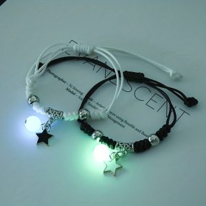 2pcs Fset Luminous Couple Bracelet Set with Pentagram Crown and 4-Leaf Clover Pendant - Glow in the Dark Jewelry for Couples