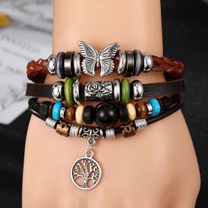 1pc Fashion Rural Butterfly Pendant Artificial Leather Multi-layer Beaded Bracelet