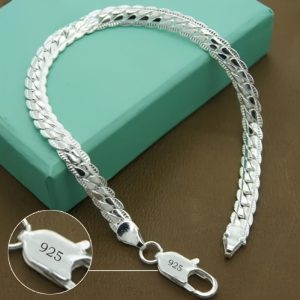 1pc 925 Sterling Silver Flat Chain Bracelet 6mm - Unisex Elegant Silver-Plated Jewelry for Casual to Formal Occasions