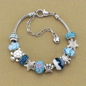 Ocean Blue Artificial Crystal Glass Beads Chain Charm Bracelet, Cool Party Jewelry, Christmas New Year's Valentine's Day Gift For Women