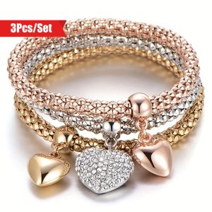 3pcs FSet Silvery Rose Corn Chain Bracelet, Tree Of Life Heart Shape Elastic Combination Bracelets