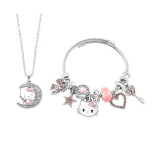 Sanrio Hello Kitty 2pcs Jewelry Set - Cute Rhinestone Necklace & Bracelet Combo, Perfect for Casual Attire or as a Gift for Family and Friends