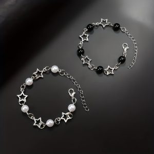 2pcs Imitation Pearl Star Minimalist Chain Bracelet, Holiday Gift For Men