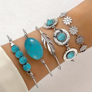 5pcs FSet Retro Turquoise Inlaid Jewelry Bracelet, Personality Ethnic Style Flower Feather Cuff Bracelet Bangle