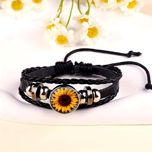 1pc Sunflower Flower PU Leather Braided Bracelet Simple Gothic Hand Jewelry Decoration Adjustable