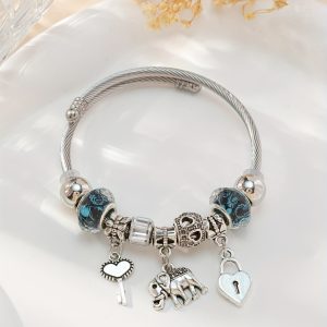 1pc Blue Flower Beaded Heart Lock Bangle with Elephant Dangle - Stretchable Stainless Steel Jewelry for Girls - Perfect Gift Idea