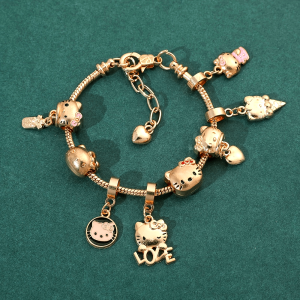 1pc Golden Hello Kitty Charms Bracelets Kawaii Sanrio Anime Figure Beads Pendant Hand Chains Fashion Women Bangles Accessories