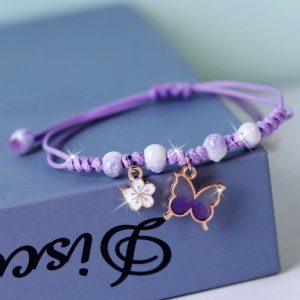 1pc Cute Butterfly Flower Charm Braided Bracelet For Girls, Adjustable Jewelry Holiday Gift