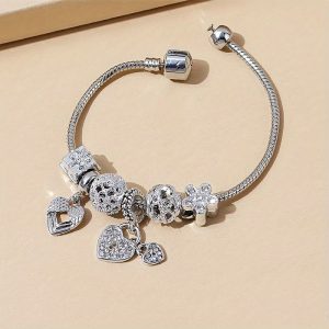 1pc Glamorous Copper Rhinestone Heart Charm Bangle Bracelet For Women For Daily Life